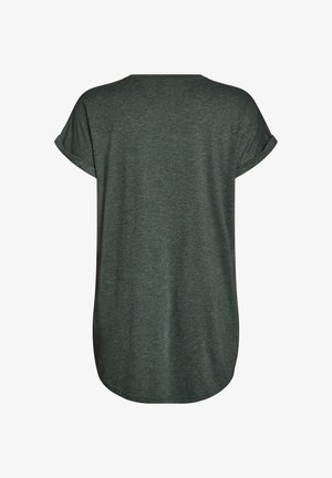 Tmavosivá krátky rukáv voľného strihu s ovinutými manžetami a zaobleným lemom, zobrazená zozadu na bielom pozadí.