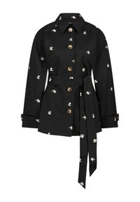 Zwarte jas met bloemenborduursel, uitgerust met grote bruine knopen, een strikceintuur en een gestructureerde kraag. Lange mouwen met knoopsluitingen.