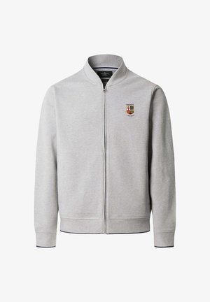 Lichtgrijs jack met ritssluiting, geribde kraag, manchetten en zoom, met een klein meerkleurig schildlogo op de linkerborst.