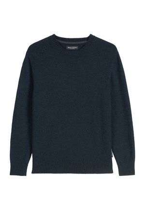 Dark blue knit sweater, crew neckline, long sleeves, ribbed hem and cuffs, made from soft material, with a subtle texture. Brand label visible.