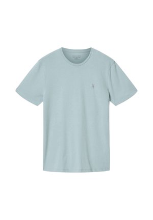 Lichtblauw T-shirt met korte mouwen en ronde hals met klein geborduurd logo op de linkerborst, afgebeeld op een effen witte achtergrond.