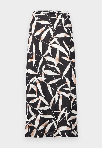 Μαύρη φούστα midi με αφηρημένο μοτίβο λευκών και μπεζ φύλλων, ευθεία γραμμή και εφαρμοστό ζωνάκι στη μέση.