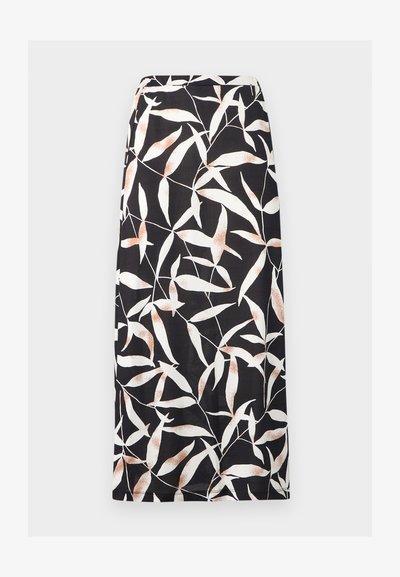Μαύρη φούστα midi με αφηρημένο μοτίβο λευκών και μπεζ φύλλων, ευθεία γραμμή και εφαρμοστό ζωνάκι στη μέση.