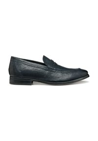 Mocassino in pelle blu con una superficie liscia, design slip-on, cuciture decorative e tacco basso impilato. Punta rotonda con accenti minimi.