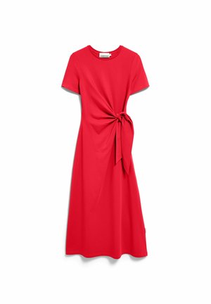 Red short-sleeve midi dress with crew neck and side tie knot detail on a plain white background.
