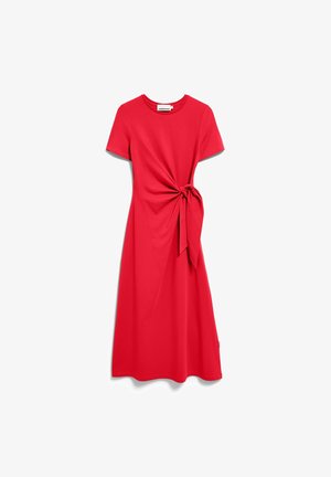 Red short-sleeve midi dress with crew neck and side tie knot detail on a plain white background.
