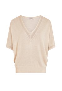 Beige strikket sweater med dyb V-hals, korte ærmer og mesh detaljer langs halsudskæringen og siderne. Løs pasform med ribbet kant.