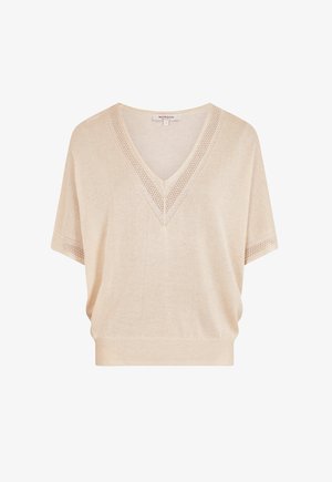 Suéter de punto beige con un escote en V profundo, mangas cortas y detalles de malla en el escote y los laterales. Corte relajado con dobladillo acanalado.