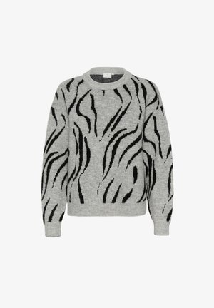 Grijze gebreide trui met een zwart zebra printpatroon, ronde hals, lange mouwen en geribde manchetten en zoom. Zachte textuur.