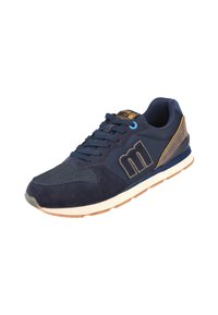 Zapatillas azul marino con materiales de ante y malla, punta redonda, collar acolchado, acentos en amarillo y marrón en contraste, y suela de goma blanca.