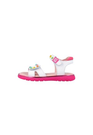 Sandalia blanca y rosa para niños con detalles coloridos de botones y dos tiras ajustables sobre fondo blanco.