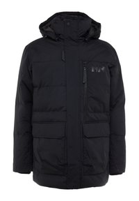 Black puffer jacket with a hood, featuring a zippered chest pocket, two front pouch pockets, and a subtle logo on the upper left side.