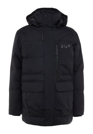 Black puffer jacket with a hood, featuring a zippered chest pocket, two front pouch pockets, and a subtle logo on the upper left side.