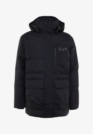 Schwarze Daunenjacke mit Kapuze, ausgestattet mit einer zipbaren Brusttasche, zwei vorderen Taschen und einem dezenten Logo auf der oberen linken Seite.