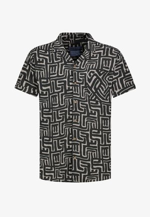 Short-sleeve button-up shirt in black and cream with a geometric abstract pattern, featuring a chest pocket and wooden buttons.