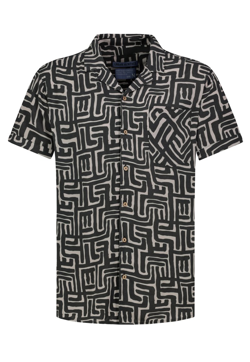 Kurzarm-Hemd mit Knöpfen in Schwarz und Creme mit einem geometrischen abstrakten Muster, ausgestattet mit einer Brusttasche und Holzknöpfen.