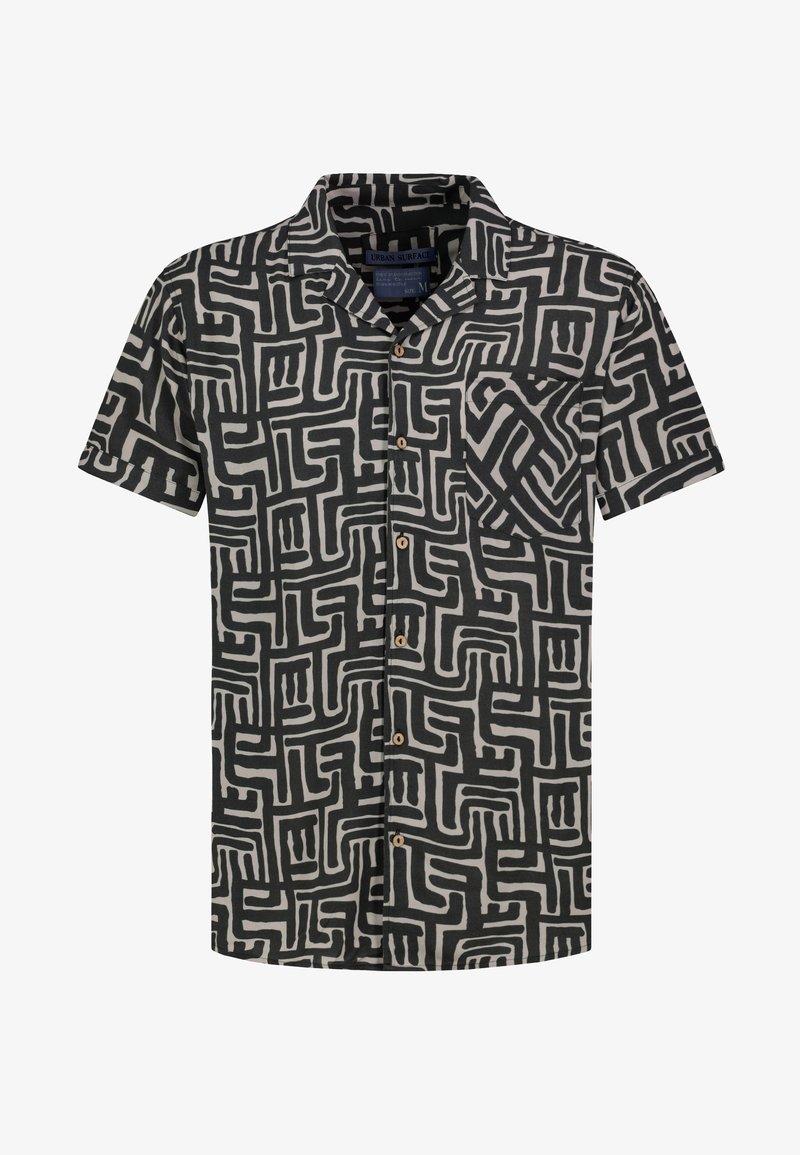 Kurzarm-Hemd mit Knöpfen in Schwarz und Creme mit einem geometrischen abstrakten Muster, ausgestattet mit einer Brusttasche und Holzknöpfen.
