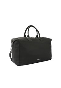 Sac de sport noir en matériau synthétique, doté de deux poignées, d'une bandoulière réglable et de finitions en métal argenté. Design simple avec détail de logo.