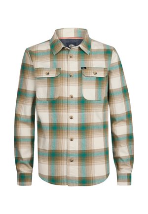 Langsleeve geruite blouse in beige en teal, met borstzakken, knoopsluiting en een rechte onderrand. De stof heeft een zachte textuur.