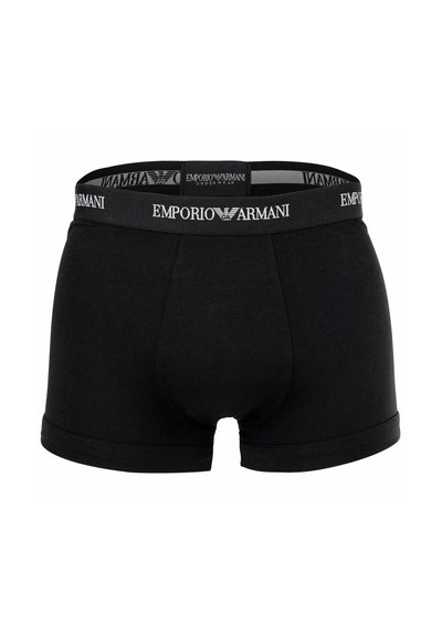 Μαύρα ανδρικά boxer briefs με ελαστική μέση με το λογότυπο "Emporio Armani" σε λευκό κείμενο και λογότυπο στο κέντρο μπροστά.
