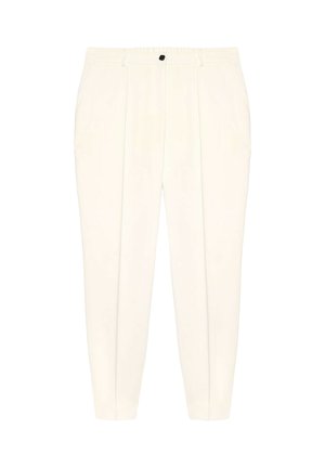 Pantaloni su misura color crema con pieghe frontali, tasche laterali, passanti per cintura e chiusura con bottone nero in vita.