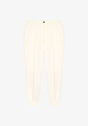 Cremfarbene maßgeschneiderte Hosen mit Vorderfalten, seitlichen Taschen, Gürtelschlaufen und einem schwarzen Knopfverschluss an der Taille.