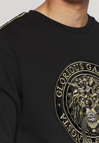 Felpa nera con un prominente emblema di leone oro e nero con dettagli intricati. Collo a girocollo a coste e strisce sulle spalle in contrasto.