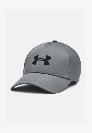 Gray athletic cap made of smooth fabric featuring a curved brim, stitched detailing, and a black logo centered on the front.