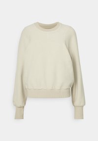 Lys beige hettegenser laget av myk stoff, med lange ermer, rund hals, samlet hem og ribbestrikkede mansjetter. Minimalistisk design.