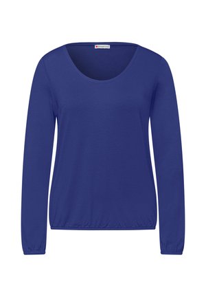 Haut bleu à manches longues pour femme avec encolure dégagée et ourlet et poignets élastiqués, en tissu lisse.