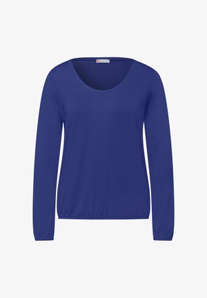 Damska niebieska bluzka z długim rękawem, z dekoltem w serek oraz elastycznym ściągaczem na dole i w mankietach, wykonana z gładkiej tkaniny.