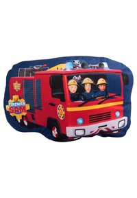 Cuscino a forma di camion dei pompieri rosso con sfondo blu; presenta personaggi dei cartoni animati, il logo del corpo dei pompieri e vari dettagli come luci e una mucca.