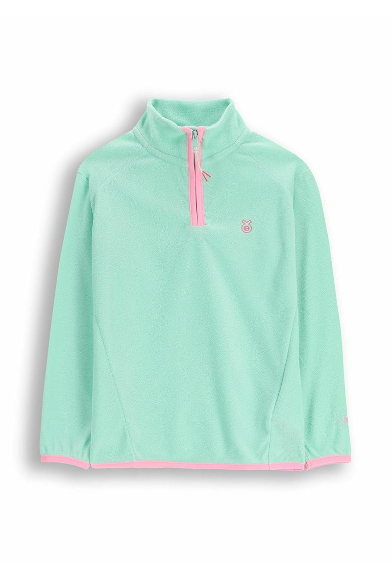 Miętowo-zielony polarowy półzacisk z kołnierzem na suwak, różowy suwak i akcenty, miękka tekstura oraz elastyczne mankiety i dół. Logo na piersi.