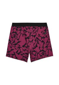 Shorts de bain bordeaux avec motif géométrique abstrait noir, taille élastique noire et poche à rabat arrière avec patch logo Volcom.