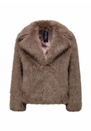 Nepbont cropped jacket in lichtbruin. Kenmerken zijn brede revers, een zachte textuur en lange mouwen; de binnenkant is gevoerd met een gladde stof.