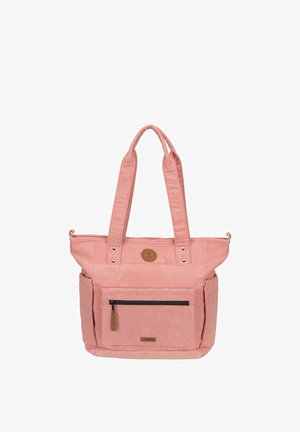Pink corduroy tote bag with front zip pocket, two side pockets, long handles, and a small round leather logo patch.