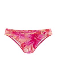 Cvjetni bikini donji dio u ružičastim i narančastim tonovima, s detaljem bočnog petlja i glatkom teksturom tkanine. Uski pojas s prošivenim rubovima.