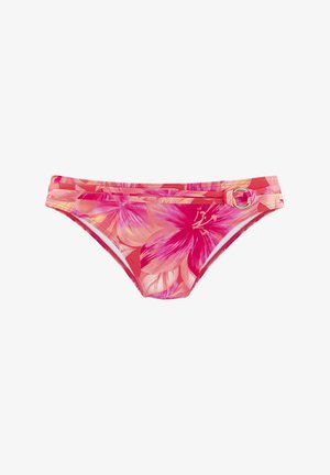 Cvetni bikini spodnji del v roza in oranžnih tonih, z detajlom stranskega zanke in gladko teksturo tkanine. Ozka pasnica z našitimi robovi.