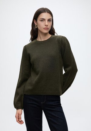 Kvinde med langt mørkt hår iført guld øreringe, en mørkegrøn langærmet trøje og mørke jeans mod en ensfarvet baggrund.