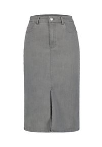 Falda de denim gris con corte recto, con una abertura frontal, cinco bolsillos y un cierre de botón en la cintura.