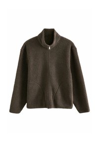 Bruine fleece jas met een hoge kraag, volledige ritssluiting en zijzakken. De gestructureerde stof heeft een zachte, pluizige uitstraling.