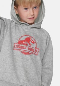 Šedá mikina s kapucí vyrobená z měkké tkaniny, která má výrazné červené logo "Jurassic World" s grafikou dinosaura uprostřed.