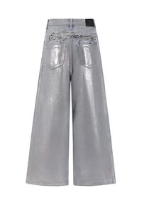Sølv denim culottes med en skinnende finish, der har to baglommer og broderet logo-detalje langs taljen.