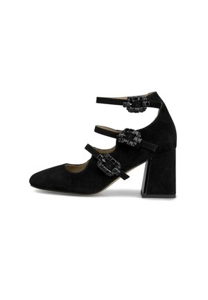 Scarpe con tacco alto in suede nero con tre cinturini regolabili e dettagli in pietre nere decorative; punta affusolata e design con tacco a blocco.