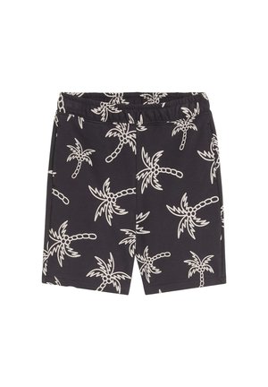 Pantaloncini neri con vita elasticizzata caratterizzati da un motivo ripetuto di palme bianche.