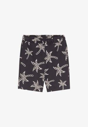 Schwarze Shorts mit elastischem Bund und einem sich wiederholenden weißen Palmenmuster.