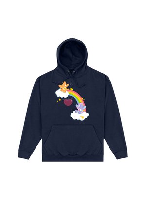 Marineblaue Kapuzenjacke mit einer Vordertasche; enthält Cartoonfiguren auf Wolken, einem Regenbogen und Sternen in leuchtenden Farben. Baumwoll-Mischgewebe.