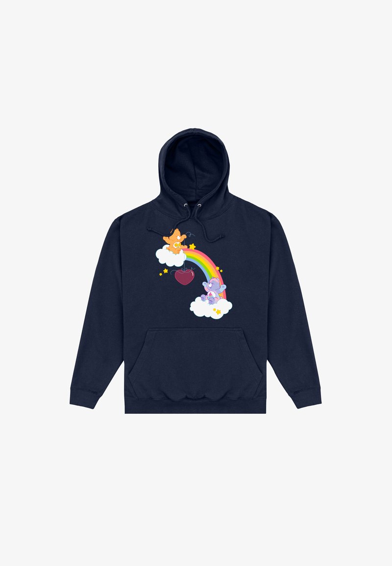 Námořnická modrá mikina s kapucí a přední kapsou; na ní jsou vesele barevné kreslené postavičky na oblacích, duha a hvězdy. Z látky s obsahem bavlny.