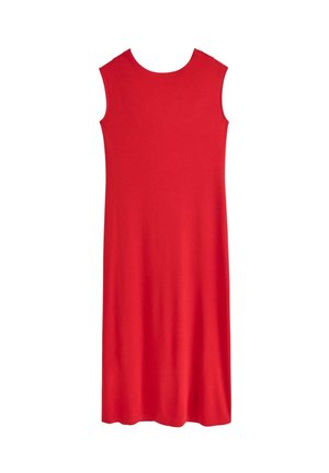 Abito rosso senza maniche con scollatura tonda, realizzato in tessuto morbido. La forma è a trapezio, che cade poco sopra il ginocchio, con una vestibilità comoda.