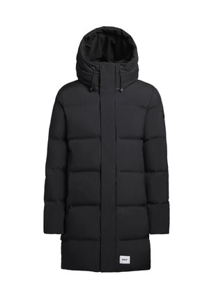 Črn puhovka s kapuco, ki ima prešito zasnovo, sprednji zip zapiranja in majhen logotip na spodnjem robu.